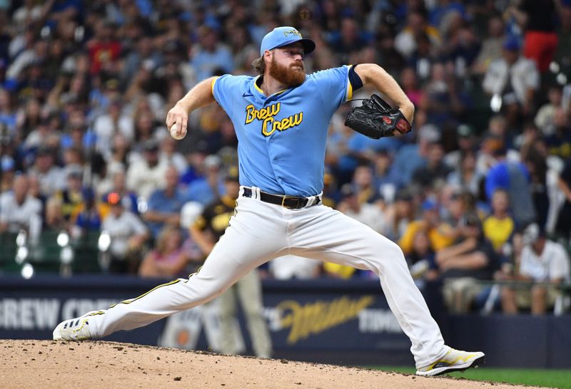 Aug 25, 2023; Milwaukee, Wisconsin, USA; Milwaukee Brewers starting pitcher Brandon Woodruff (53) delivers a pitch against the San Diego Padres in the fifth inning at American Family Field. Mandatory Credit: Michael McLoone-USA TODAY Sports