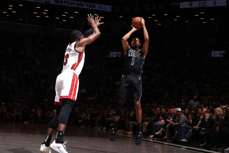 BROOKLYN, NY - JANUARY 15: Mikal Bridges #1 of the Brooklyn Nets shoots the ball during the game against the Miami Heat on January 15, 2024 at Barclays Center in Brooklyn, New York. NOTE TO USER: User expressly acknowledges and agrees that, by downloading and or using this Photograph, user is consenting to the terms and conditions of the Getty Images License Agreement. Mandatory Copyright Notice: Copyright 2024 NBAE (Photo by Nathaniel S. Butler/NBAE via Getty Images)