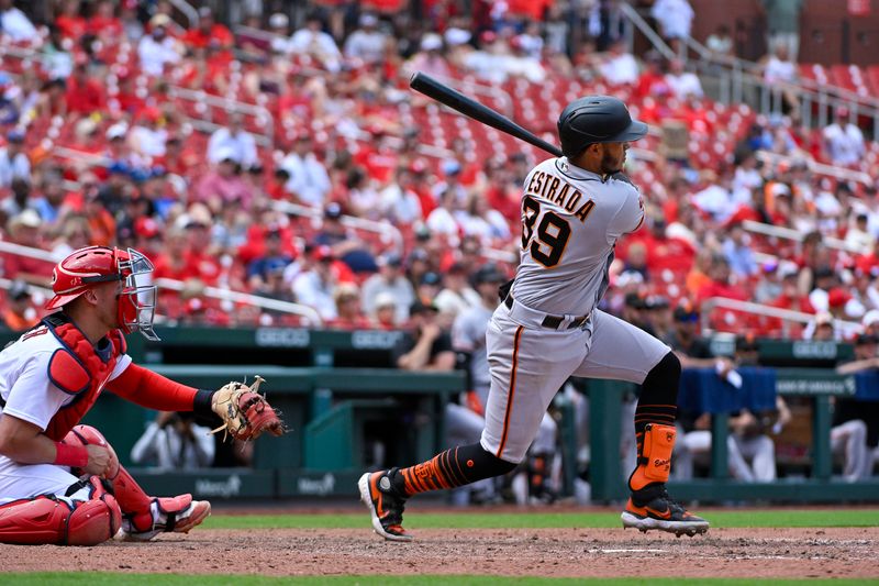 Jun 14, 2023; St. Louis, Missouri, USA;  San Francisco Giants second baseman Thairo Estrada (39) hits a game winning one run single against the St. Louis Cardinals during the tenth inning at Busch Stadium. Mandatory Credit: Jeff Curry-USA TODAY Sports