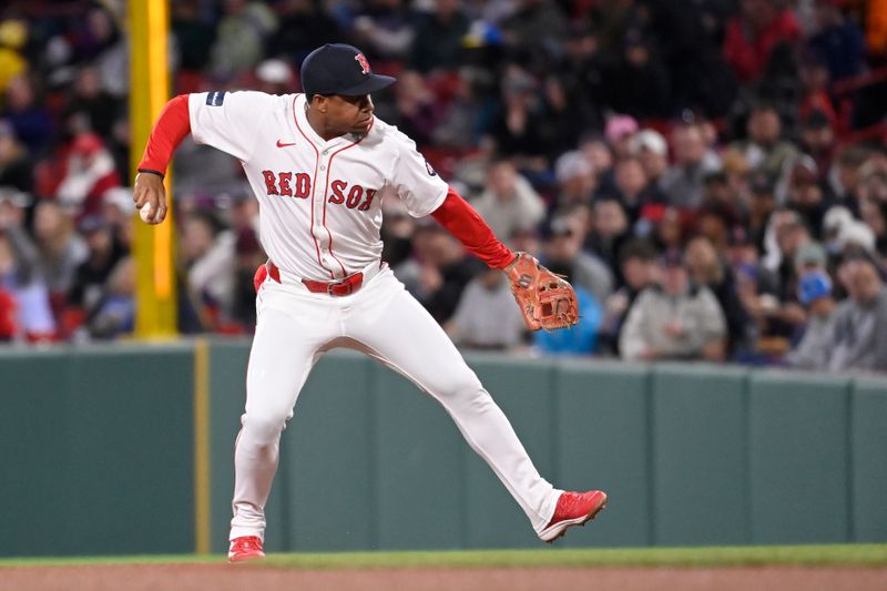 iApr 17, 2024; Boston, Massachusetts, USA; Boston Red Sox second baseman Enmanuel Valdez (47) throws to first base for an out against the Cleveland Guardians during the fourth inning at Fenway Park. Mandatory Credit: Eric Canha-USA TODAY Sports