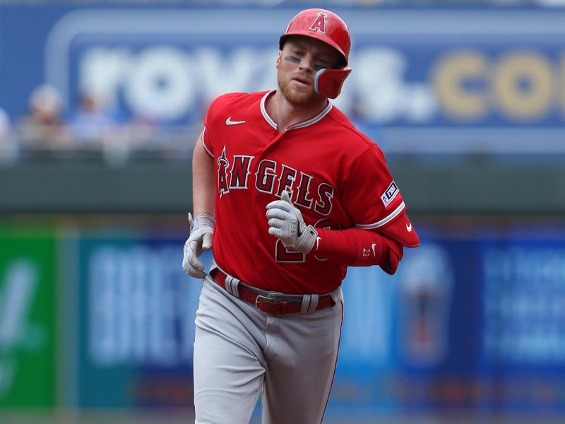 Jun 17, 2023; Kansas City, Missouri, USA; Los Angeles Angels first baseman Brandon Drury (23) rounds second base after hitting a home run during the second inning against the Kansas City Royals at Kauffman Stadium. Mandatory Credit: Scott Sewell-USA TODAY Sports