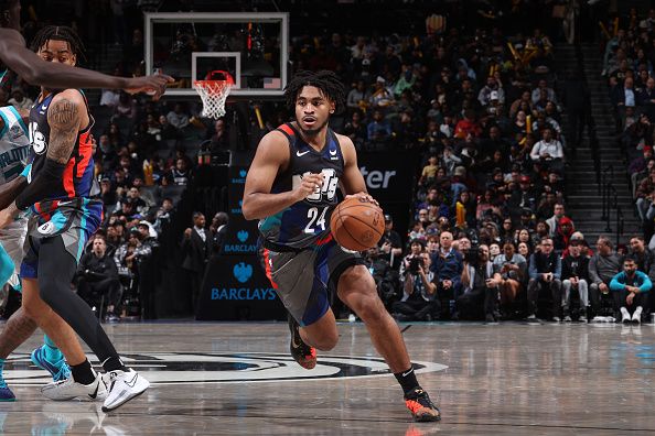 BROOKLYN, NY - NOVEMBER 30: Cam Thomas #24 of the Brooklyn Nets dribbles the ball during the game against the Charlotte Hornets on November 30, 2023 at Barclays Center in Brooklyn, New York. NOTE TO USER: User expressly acknowledges and agrees that, by downloading and or using this Photograph, user is consenting to the terms and conditions of the Getty Images License Agreement. Mandatory Copyright Notice: Copyright 2023 NBAE (Photo by Nathaniel S. Butler/NBAE via Getty Images)