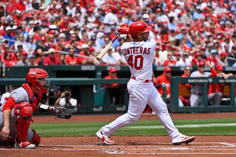 May 4, 2023; St. Louis, Missouri, USA;  St. Louis Cardinals catcher Willson Contreras (40) hits a two run double against the Los Angeles Angels during the first inning at Busch Stadium. Mandatory Credit: Jeff Curry-USA TODAY Sports