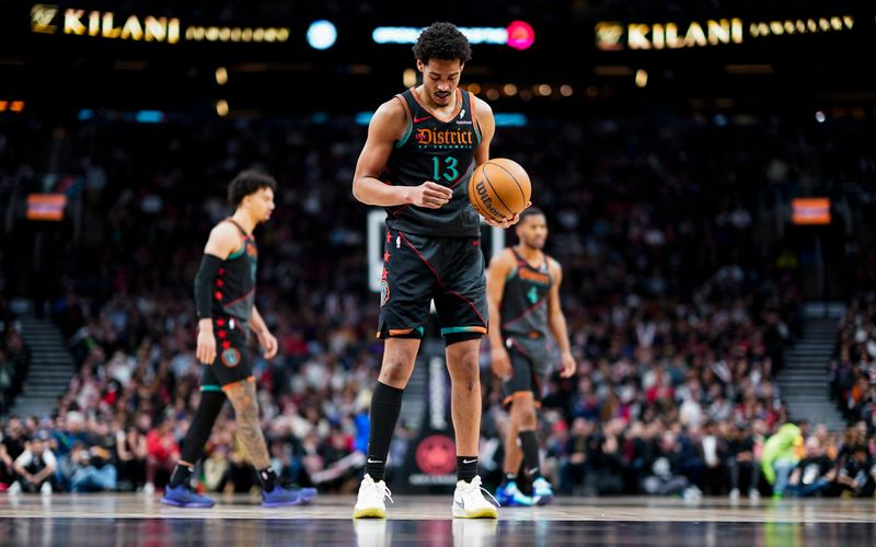 TORONTO, ON - APRIL 7: Jordan Poole #13 of the Washington Wizards takes a free throw against the Toronto Raptors during the second half of their basketball game at the Scotiabank Arena on April 7, 2024 in Toronto, Ontario, Canada. NOTE TO USER: User expressly acknowledges and agrees that, by downloading and/or using this Photograph, user is consenting to the terms and conditions of the Getty Images License Agreement. (Photo by Mark Blinch/Getty Images)