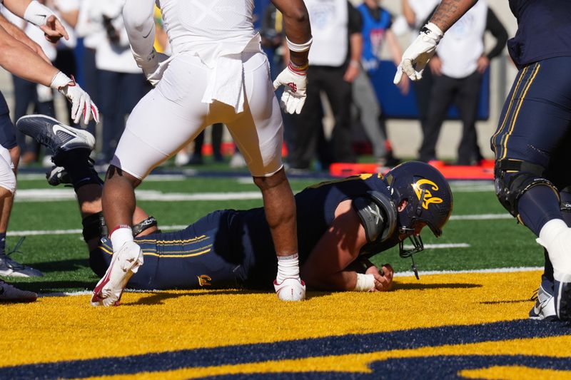 Nov 11, 2023; Berkeley, California, USA; California Golden Bears offensive lineman Brian Driscoll (on ground) scores a touchdown against the Washington State Cougars during the second quarter at California Memorial Stadium. Mandatory Credit: Darren Yamashita-USA TODAY Sports 