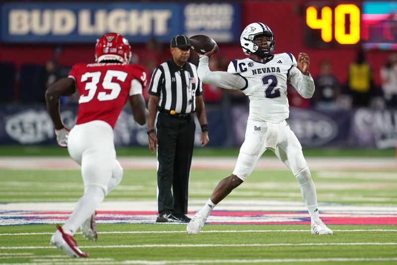 Sep 30, 2023; Fresno, California, USA; Nevada Wolf Pack quarterback Brendon Lewis (2) throws a pass against the Fresno State Bulldogs in the first quarter at Valley Children's Stadium. Mandatory Credit: Cary Edmondson-USA TODAY Sports