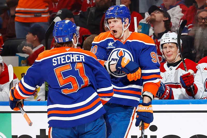 Mar 6, 2025; Edmonton, Alberta, CAN; Edmonton Oilers forward Corey Perry (90) celebrates after scoring a goal during the first period against the Montreal Canadiens at Rogers Place. Mandatory Credit: Perry Nelson-Imagn Images