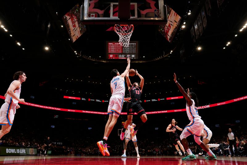 TORONTO, CANADA - MARCH 22:  Jordan Nwora #13 of the Toronto Raptors drives to the basket during the game against the Oklahoma City Thunder on March 22, 2024 at the Scotiabank Arena in Toronto, Ontario, Canada.  NOTE TO USER: User expressly acknowledges and agrees that, by downloading and or using this Photograph, user is consenting to the terms and conditions of the Getty Images License Agreement.  Mandatory Copyright Notice: Copyright 2024 NBAE (Photo by Mark Blinch/NBAE via Getty Images)