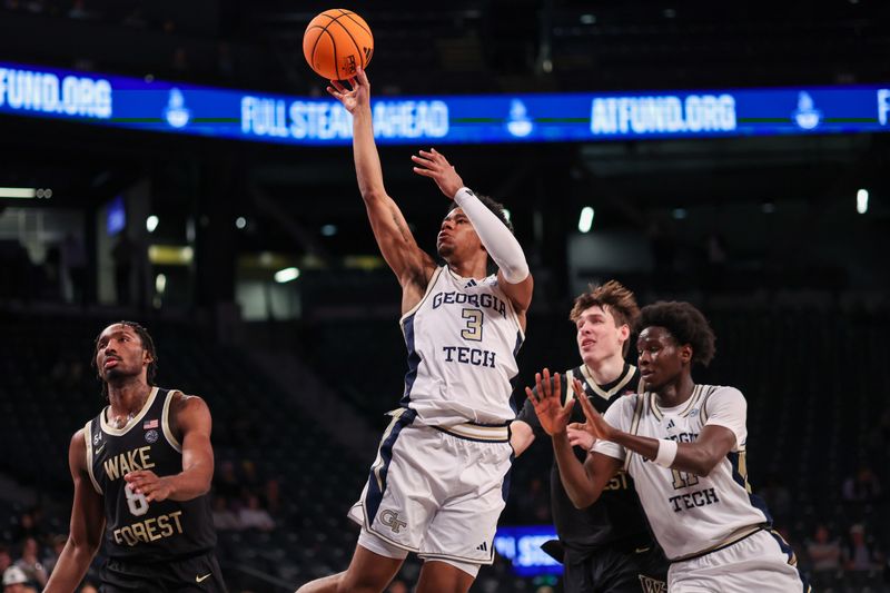Feb 11, 2026; Atlanta, Georgia, USA; Georgia Tech Yellow Jackets guard Jaeden Mustaf (3) shoots against the Wake Forest Demon Deacons in the second quarter at McCamish Pavilion. Mandatory Credit: Brett Davis-Imagn Images