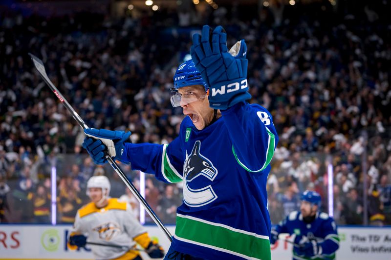 Apr 21, 2024; Vancouver, British Columbia, CAN; Vancouver Canucks forward Dakota Joshua (81) celebrates scoring the game winning goal against the Nashville Predators in the third period in game one of the first round of the 2024 Stanley Cup Playoffs at Rogers Arena. Mandatory Credit: Bob Frid-USA TODAY Sports