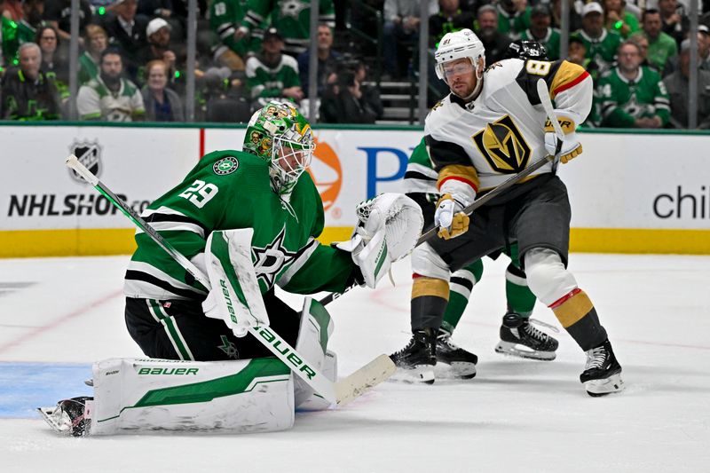 May 1, 2024; Dallas, Texas, USA; Dallas Stars goaltender Jake Oettinger (29) makes a glove save in front of Vegas Golden Knights right wing Jonathan Marchessault (81) during the third period in game five of the first round of the 2024 Stanley Cup Playoffs at the American Airlines Center. Mandatory Credit: Jerome Miron-USA TODAY Sports