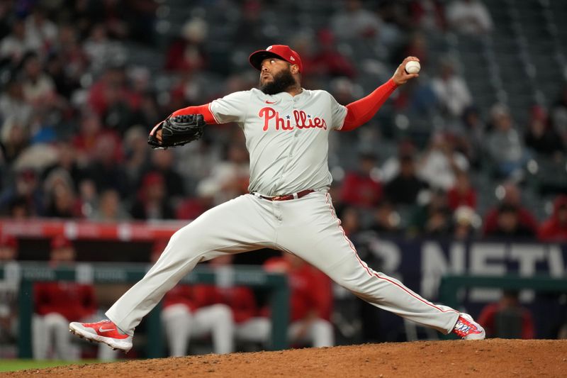 Apr 30, 2024; Anaheim, California, USA; Philadelphia Phillies pitcher Jose Alvarado (46) throws in the eighth inning against the Los Angeles Angels at Angel Stadium. Mandatory Credit: Kirby Lee-USA TODAY Sports