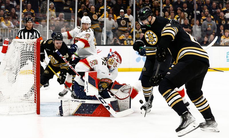 May 10, 2024; Boston, Massachusetts, USA; Florida Panthers goaltender Sergei Bobrovsky (72) tracks a loose puck in front as the Boston Bruins surround the crease during the third period of game three of the second round of the 2024 Stanley Cup Playoffs at TD Garden. Mandatory Credit: Winslow Townson-USA TODAY Sports