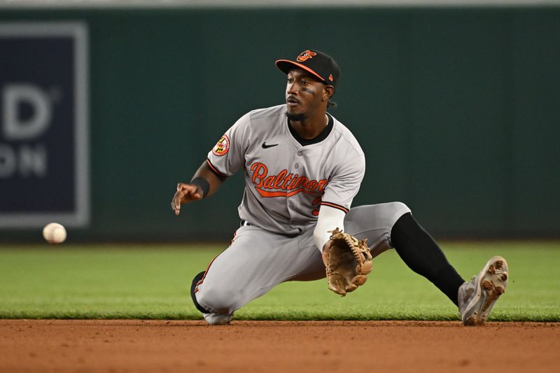 May 8, 2024; Washington, District of Columbia, USA; Baltimore Orioles second base Jorge Mateo (3) catches a line drive for an out against the Washington Nationals during the eighth inning at Nationals Park. Mandatory Credit: Rafael Suanes-USA TODAY Sports