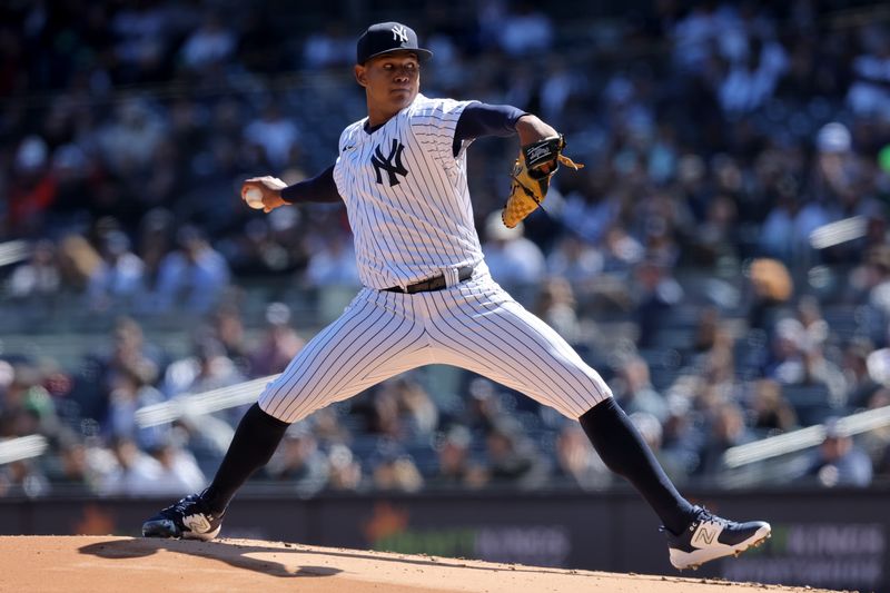 Apr 2, 2023; Bronx, New York, USA; New York Yankees starting pitcher Jhony Brito (76) pitches against the San Francisco Giants during the first inning at Yankee Stadium. Mandatory Credit: Brad Penner-USA TODAY Sports