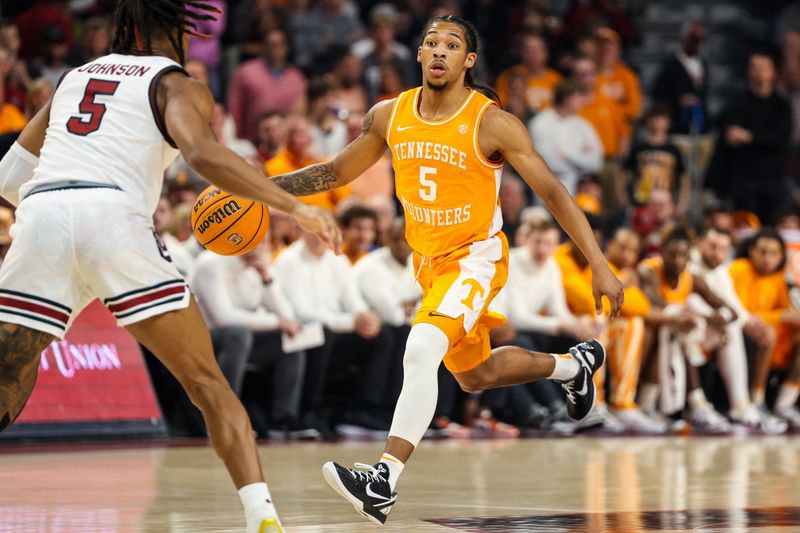 Mar 6, 2024; Columbia, South Carolina, USA; Tennessee Volunteers guard Zakai Zeigler (5) drives against the South Carolina Gamecocks in the first half at Colonial Life Arena. Mandatory Credit: Jeff Blake-USA TODAY Sports