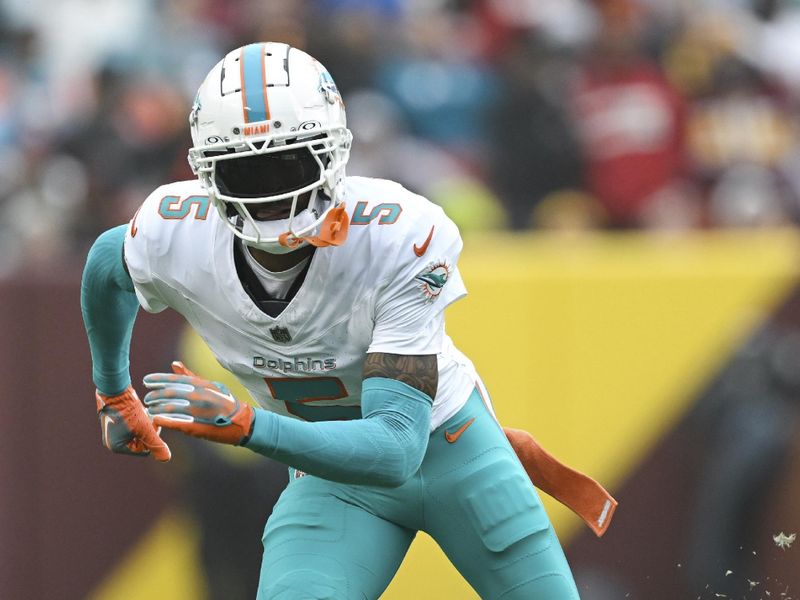 Miami Dolphins cornerback Jalen Ramsey (5) in action during the second half of an NFL football game against the Washington Commanders, Sunday, Dec. 2, 2023, in Landover, Md. (AP Photo/Terrance Williams)