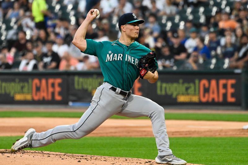 Aug 22, 2023; Chicago, Illinois, USA; Seattle Mariners starting pitcher Bryan Woo (33) delivers against the Chicago White Sox during the first inning at Guaranteed Rate Field. Mandatory Credit: Matt Marton-USA TODAY Sports