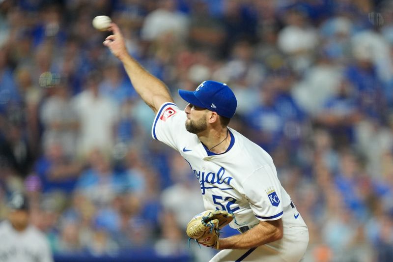 Oct 10, 2024; Kansas City, Missouri, USA; Kansas City Royals pitcher Michael Wacha (52) throws during the first inning against the New York Yankees during game four of the ALDS for the 2024 MLB Playoffs at Kauffman Stadium. Mandatory Credit: Jay Biggerstaff-Imagn Images