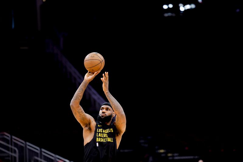 HOUSTON, TEXAS - NOVEMBER 08: LeBron James #23 of the Los Angeles Lakers warms up prior to facing the Houston Rockets at Toyota Center on November 08, 2023 in Houston, Texas. NOTE TO USER: User expressly acknowledges and agrees that, by downloading and or using this photograph, User is consenting to the terms and conditions of the Getty Images License Agreement.? (Photo by Carmen Mandato/Getty Images)