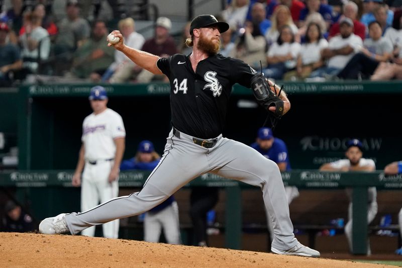 Jul 22, 2024; Arlington, Texas, USA; Chicago White Sox relief pitcher Michael Kopech (34) throws to the plate during the seventh inning against the Texas Rangers at Globe Life Field. Mandatory Credit: Raymond Carlin III-USA TODAY Sports