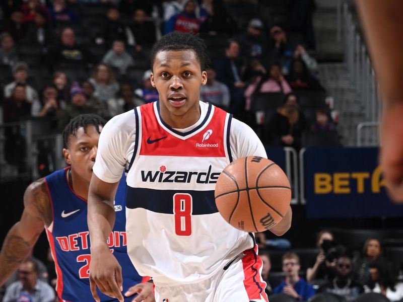 DETROIT, MI - MARCH 11: Bub Carrington #8 of the Washington Wizards handles the ball during the game against the Detroit Pistons on March 11, 2025 at Little Caesars Arena in Detroit, Michigan. NOTE TO USER: User expressly acknowledges and agrees that, by downloading and/or using this photograph, User is consenting to the terms and conditions of the Getty Images License Agreement. Mandatory Copyright Notice: Copyright 2025 NBAE (Photo by Chris Schwegler/NBAE via Getty Images)