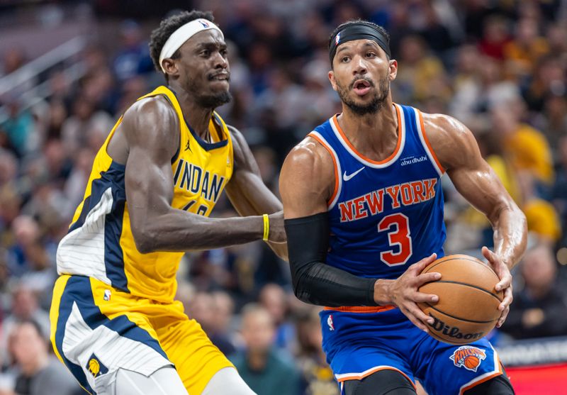 INDIANAPOLIS, INDIANA - NOVEMBER 10: Josh Hart #3 of the New York Knicks drives to the basket against Pascal Siakam #43 of the Indiana Pacers at Gainbridge Fieldhouse on November 10, 2024 in Indianapolis, Indiana. NOTE TO USER: User expressly acknowledges and agrees that, by downloading and or using this photograph, User is consenting to the terms and conditions of the Getty Images License Agreement. (Photo by Michael Hickey/Getty Images)