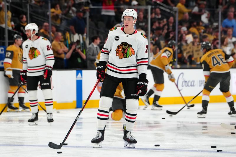 Apr 16, 2024; Las Vegas, Nevada, USA; Chicago Blackhawks defenseman Alex Vlasic (72) warms up before a game against the Vegas Golden Knights at T-Mobile Arena. Mandatory Credit: Stephen R. Sylvanie-USA TODAY Sports