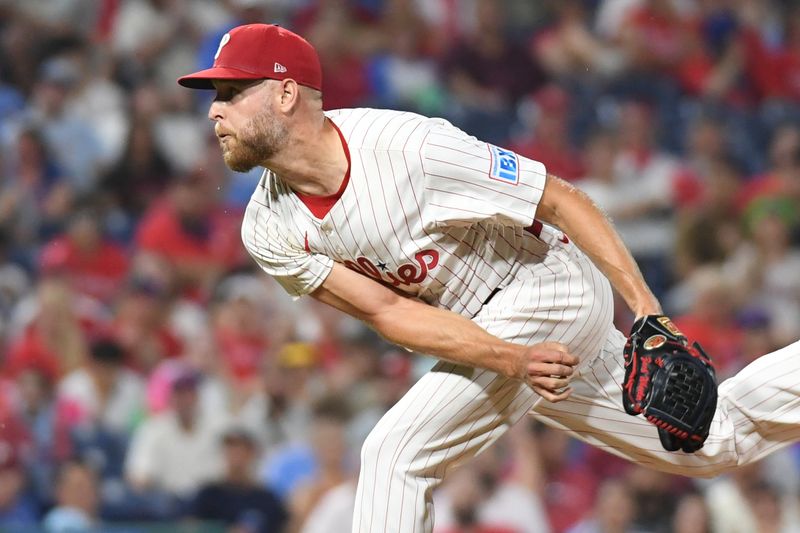 Jun 30, 2025; Philadelphia, Pennsylvania, USA; Philadelphia Phillies pitcher Zack Wheeler (45) follows through on a pitch during the eighth inning against the San Diego Padres at Citizens Bank Park. Mandatory Credit: Eric Hartline-Imagn Images