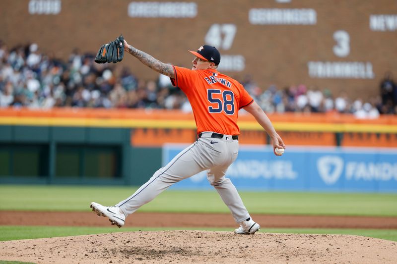 May 11, 2024; Detroit, Michigan, USA; Houston Astros pitcher Hunter Brown (58) throws against the Detroit Tigers during the third inning at Comerica Park. Mandatory Credit: Brian Bradshaw Sevald-USA TODAY Sports