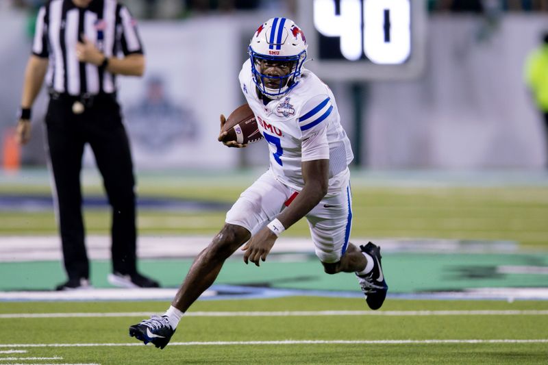 Dec 2, 2023; New Orleans, LA, USA; Southern Methodist Mustangs quarterback Kevin Jennings (7) scrambles out the pocket against the Tulane Green Wave during the second half at Yulman Stadium. Mandatory Credit: Stephen Lew-USA TODAY Sports