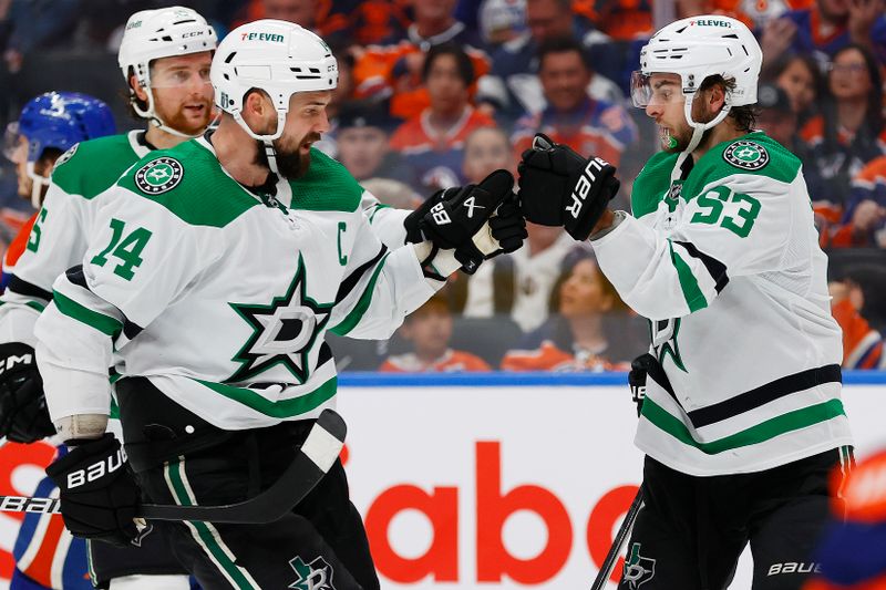 May 27, 2024; Edmonton, Alberta, CAN;  The Dallas Stars celebrate a goal by forward Wyatt Johnson (53) during the second period against the Edmonton Oilers in game three of the Western Conference Final of the 2024 Stanley Cup Playoffs at Rogers Place. Mandatory Credit: Perry Nelson-USA TODAY Sports