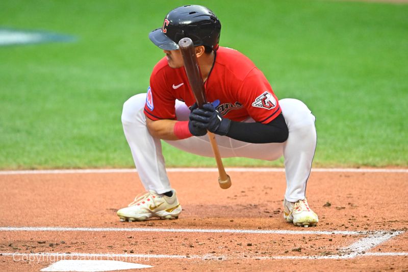 Sep 27, 2023; Cleveland, Ohio, USA; Cleveland Guardians left fielder Steven Kwan (38) stretches before batting in the first inning against the Cincinnati Reds at Progressive Field. Mandatory Credit: David Richard-USA TODAY Sports