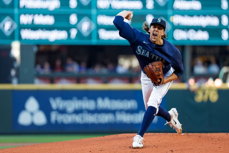 Jul 3, 2024; Seattle, Washington, USA; Seattle Mariners starting pitcher Logan Gilbert (36) throws against the Baltimore Orioles during the first inning at T-Mobile Park. Mandatory Credit: Joe Nicholson-USA TODAY Sports