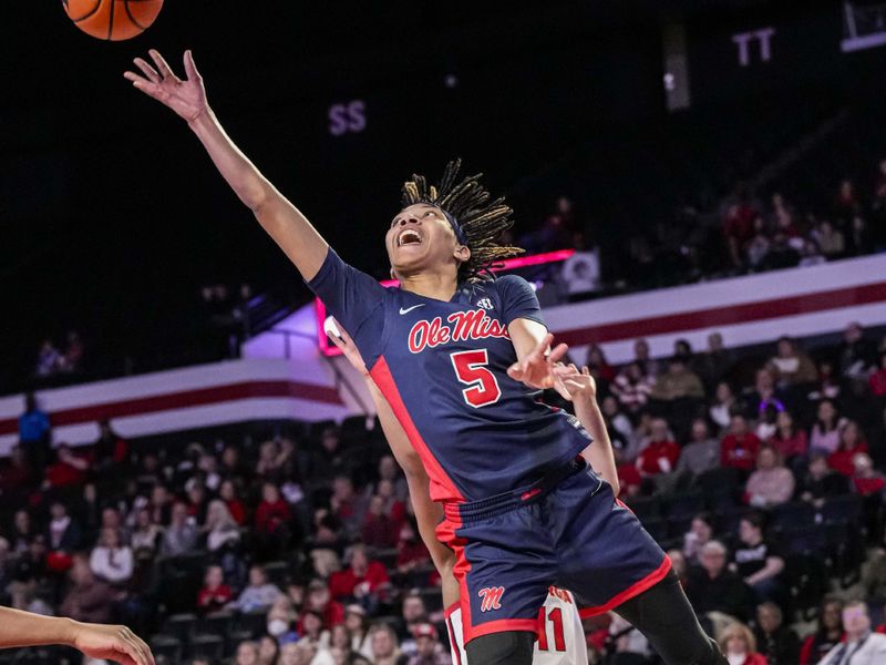 Jan 21, 2024; Athens, Georgia, USA; Ole Miss Rebels forward Snudda Collins (5) shoots against the Georgia Bulldogs during the second half at Stegeman Coliseum. Mandatory Credit: Dale Zanine-USA TODAY Sports