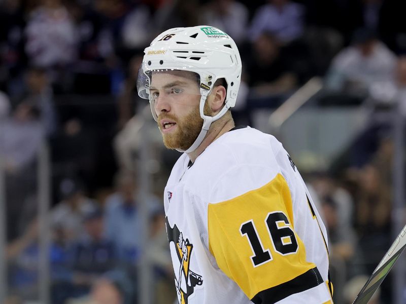 Oct 7, 2025; New York, New York, USA; Pittsburgh Penguins right wing Justin Brazeau (16) reacts after scoring his second goal of the game against the New York Rangers during the third period at Madison Square Garden. Mandatory Credit: Brad Penner-Imagn Images