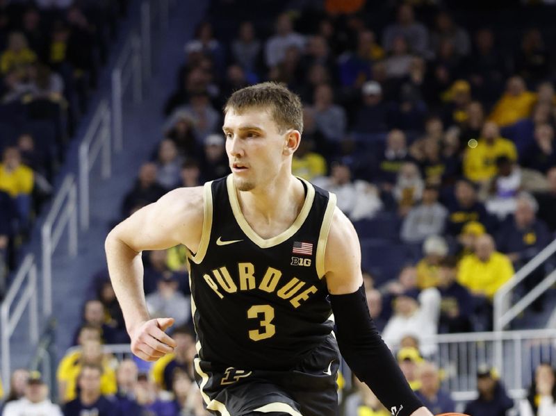 Feb 25, 2024; Ann Arbor, Michigan, USA;  Purdue Boilermakers guard Braden Smith (3) dribbles in the second half against the Michigan Wolverines at Crisler Center. Mandatory Credit: Rick Osentoski-USA TODAY Sports