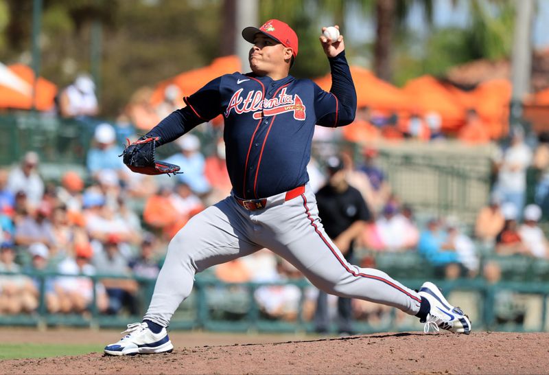 Feb 28, 2026; Sarasota, Florida, USA;  Atlanta Braves pitcher José Suarez (54) throws a pitch during the fifth inning against the Baltimore Orioles at Ed Smith Stadium. Mandatory Credit: Kim Klement Neitzel-Imagn Images