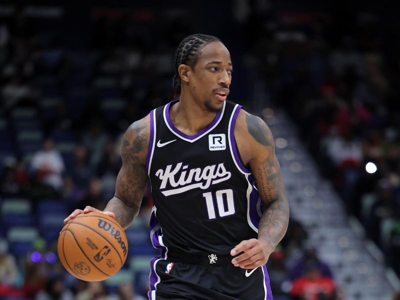 NEW ORLEANS, LOUISIANA - DECEMBER 12: DeMar DeRozan #10 of the Sacramento Kings drives with the ball against the New Orleans Pelicans during a game at the Smoothie King Center on December 12, 2024 in New Orleans, Louisiana. NOTE TO USER: User expressly acknowledges and agrees that, by downloading and or using this Photograph, user is consenting to the terms and conditions of the Getty Images License Agreement. (Photo by Jonathan Bachman/Getty Images)