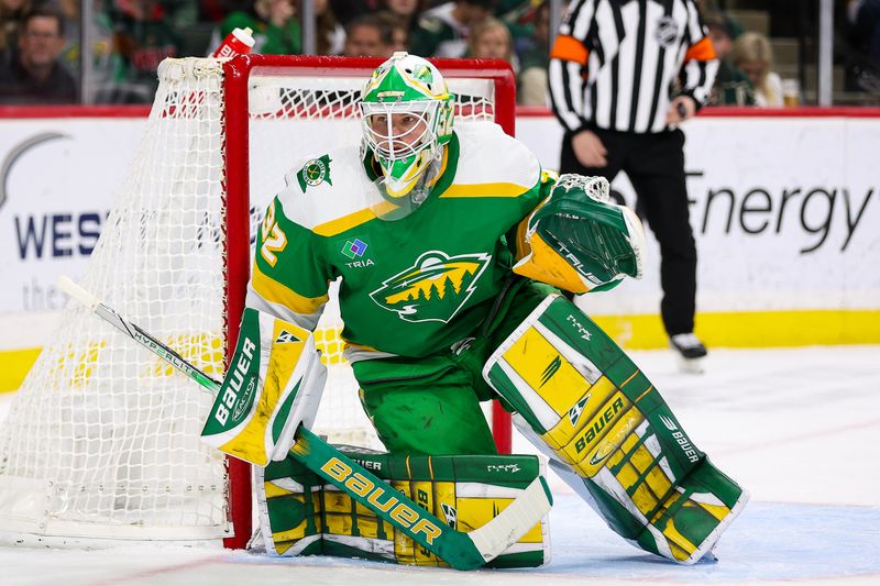 Jan 27, 2024; Saint Paul, Minnesota, USA; Minnesota Wild goaltender Filip Gustavsson (32) defends his net against the Anaheim Ducks during the second period at Xcel Energy Center. Mandatory Credit: Matt Krohn-USA TODAY Sports