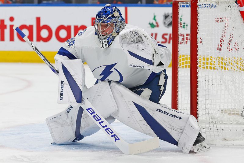 Dec 14, 2023; Edmonton, Alberta, CAN; Tampa Bay Lightning goaltender Andrei Vasilevskiy (88) follows the play against the Edmonton Oilers at Rogers Place. Mandatory Credit: Perry Nelson-USA TODAY Sports