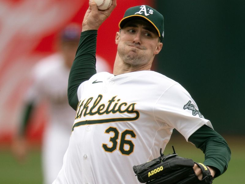 Apr 3, 2024; Oakland, California, USA; Oakland Athletics starting pitcher Ross Stripling (36) delivers a pitch against the Boston Red Sox during the first inning at Oakland-Alameda County Coliseum. Mandatory Credit: D. Ross Cameron-USA TODAY Sports