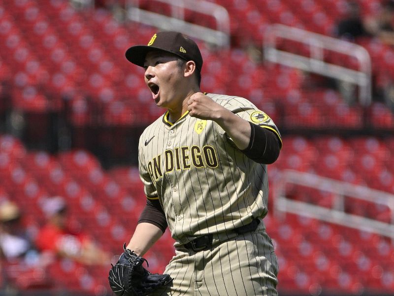 Aug 29, 2024; St. Louis, Missouri, USA;  San Diego Padres relief pitcher Yuki Matsui (1) reacts after getting the final out of the fifth inning against the St. Louis Cardinals at Busch Stadium. Mandatory Credit: Jeff Curry-USA TODAY Sports