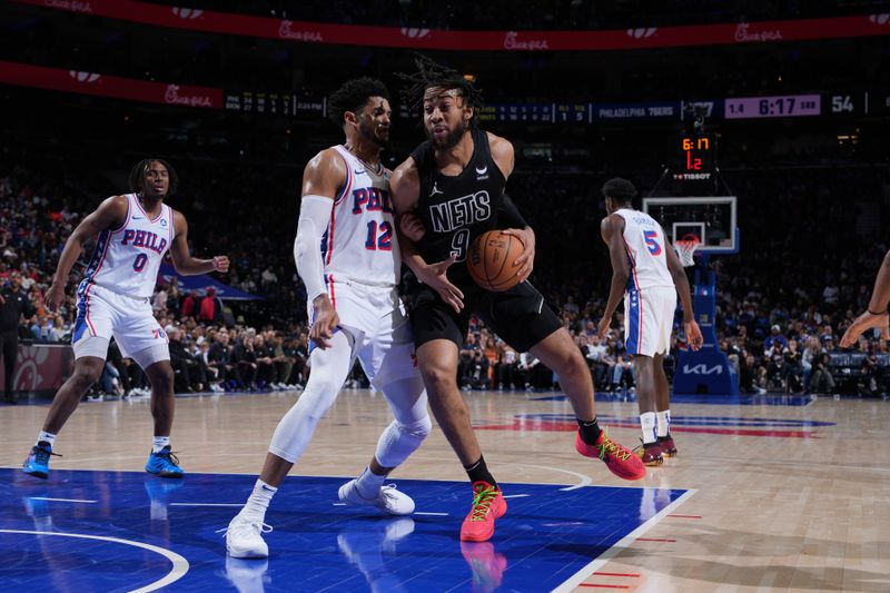 PHILADELPHIA, PA - APRIL 14: Trendon Watford #9 of the Brooklyn Nets drives to the basket during the game against the Philadelphia 76ers on April 14, 2024 at the Wells Fargo Center in Philadelphia, Pennsylvania NOTE TO USER: User expressly acknowledges and agrees that, by downloading and/or using this Photograph, user is consenting to the terms and conditions of the Getty Images License Agreement. Mandatory Copyright Notice: Copyright 2024 NBAE (Photo by Jesse D. Garrabrant/NBAE via Getty Images)