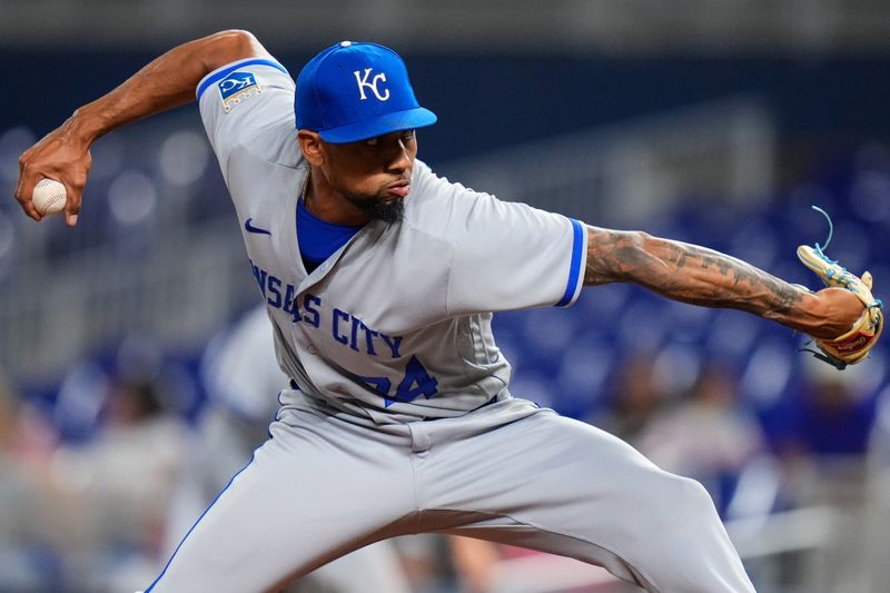 Jun 7, 2023; Miami, Florida, USA; Kansas City Royals relief pitcher Jose Cuas (74) throws a pitch against the Miami Marlins during the eighth inning at loanDepot Park. Mandatory Credit: Rich Storry-USA TODAY Sports