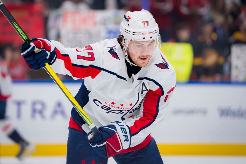 Mar 16, 2024; Vancouver, British Columbia, CAN; Washington Capitals forward TJ Oshie (77) shoots during warm up prior to a game against the Vancouver Canucks at Rogers Arena.  Mandatory Credit: Bob Frid-USA TODAY Sports