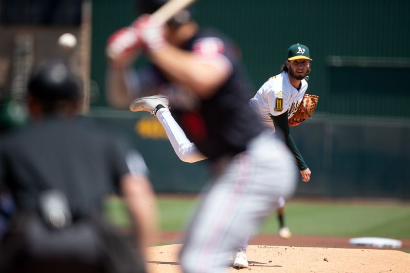 Jun 5, 2025; West Sacramento, California, USA; Athletics starting pitcher Mitch Spence (28) delivers a pitch against the Minnesota Twins during the first inning at Sutter Health Park. Mandatory Credit: D. Ross Cameron-Imagn Images