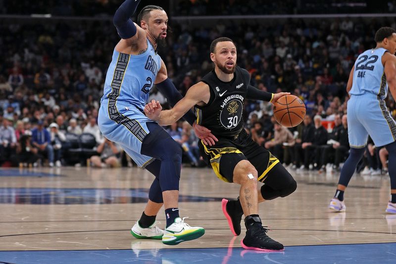 MEMPHIS, TENNESSEE - MARCH 18: Stephen Curry #30 of the Golden State Warriors goes to the basket against Dillon Brooks #24 of the Memphis Grizzlies during the first half of the game at FedExForum on March 18, 2023 in Memphis, Tennessee. NOTE TO USER: User expressly acknowledges and agrees that, by downloading and or using this photograph, User is consenting to the terms and conditions of the Getty Images License Agreement. (Photo by Justin Ford/Getty Images)