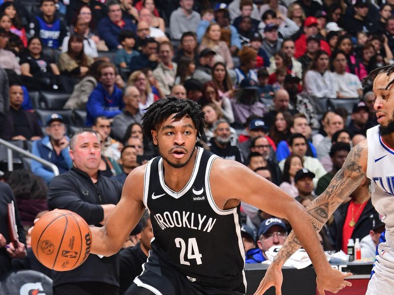 LOS ANGELES, CA - JANUARY 21: Cam Thomas #24 of the Brooklyn Nets handles the ball during the game against the LA Clippers on January 21, 2024 at Crypto.Com Arena in Los Angeles, California. NOTE TO USER: User expressly acknowledges and agrees that, by downloading and/or using this Photograph, user is consenting to the terms and conditions of the Getty Images License Agreement. Mandatory Copyright Notice: Copyright 2024 NBAE (Photo by Adam Pantozzi/NBAE via Getty Images)