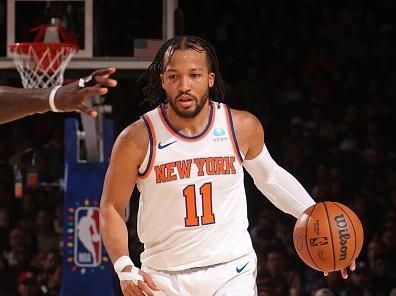 NEW YORK, NY - DECEMBER 25: Jalen Brunson #11 of the New York Knicks looks on during the game against the Milwaukee Bucks on December 25, 2023 at Madison Square Garden in New York City, New York.  NOTE TO USER: User expressly acknowledges and agrees that, by downloading and or using this photograph, User is consenting to the terms and conditions of the Getty Images License Agreement. Mandatory Copyright Notice: Copyright 2023 NBAE  (Photo by Nathaniel S. Butler/NBAE via Getty Images)